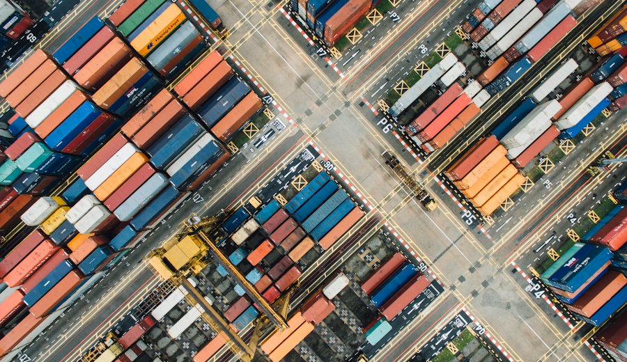 Aerial view of a shipping container yard (stock photo)