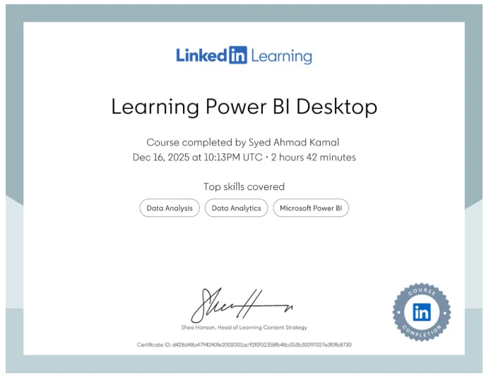 Learning Power BI Desktop certificate